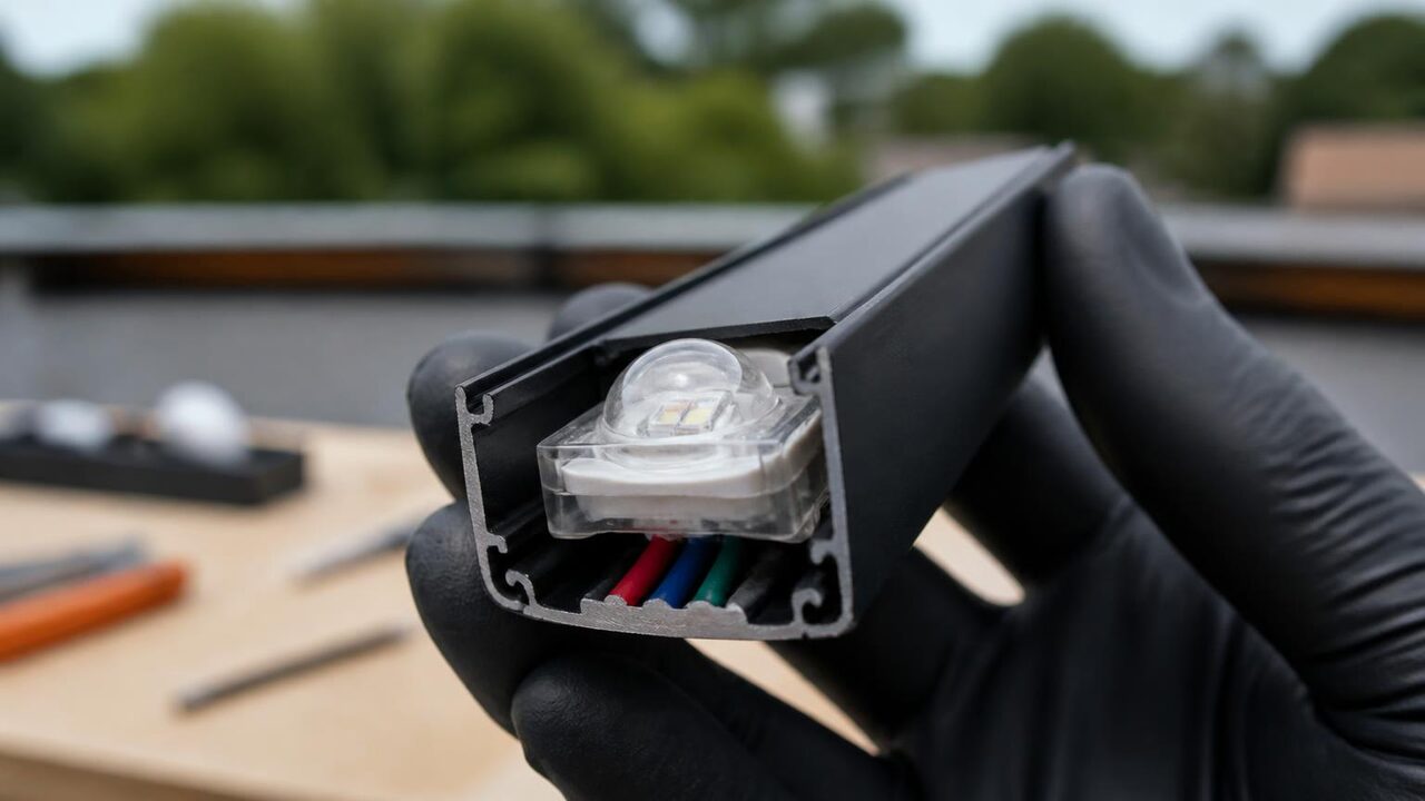 Weather sealed RGB LED module seated inside a slim black aluminum channel used for permanent lighting in Manteca