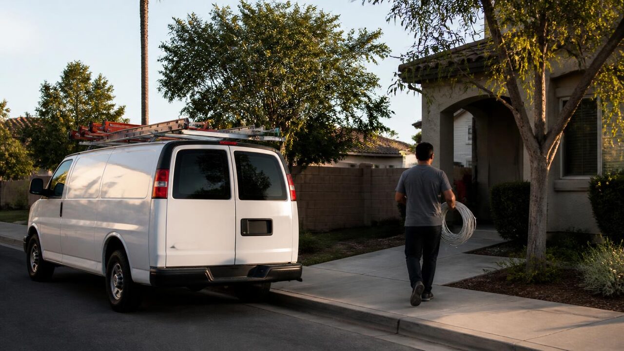 Exterior Prime van parked on a Manteca residential street as a professional carries low-voltage wire to the house