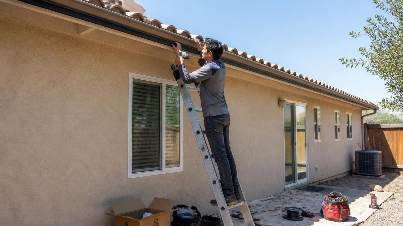 Exterior Prime professional fastening a black aluminum LED channel under the front eave of a single-story Manteca home