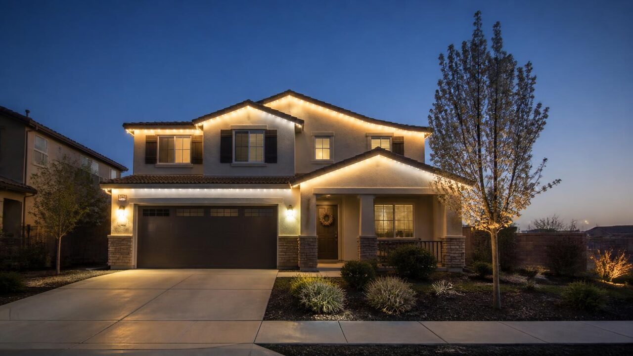 Warm white permanent Christmas lights outlining the eaves and gable peaks of a two-story Manteca home at dusk