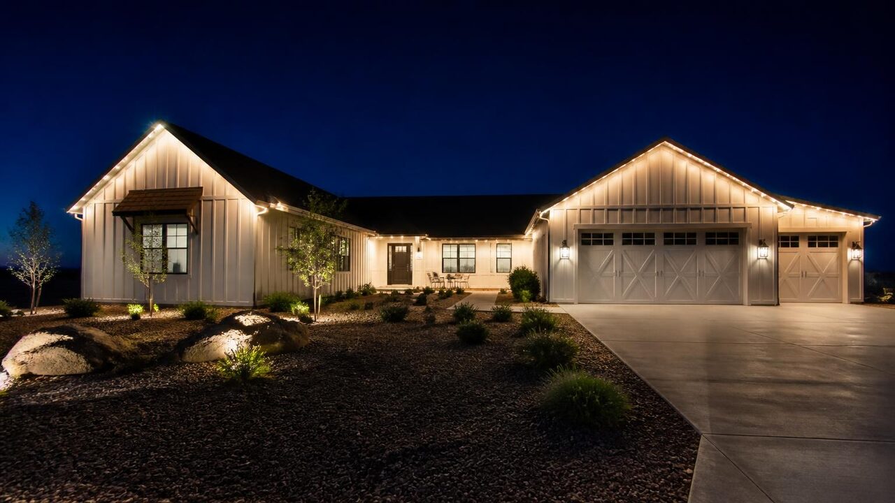 Single-story Manteca farmhouse with subtle warm white year-round roofline lighting used as everyday accent light