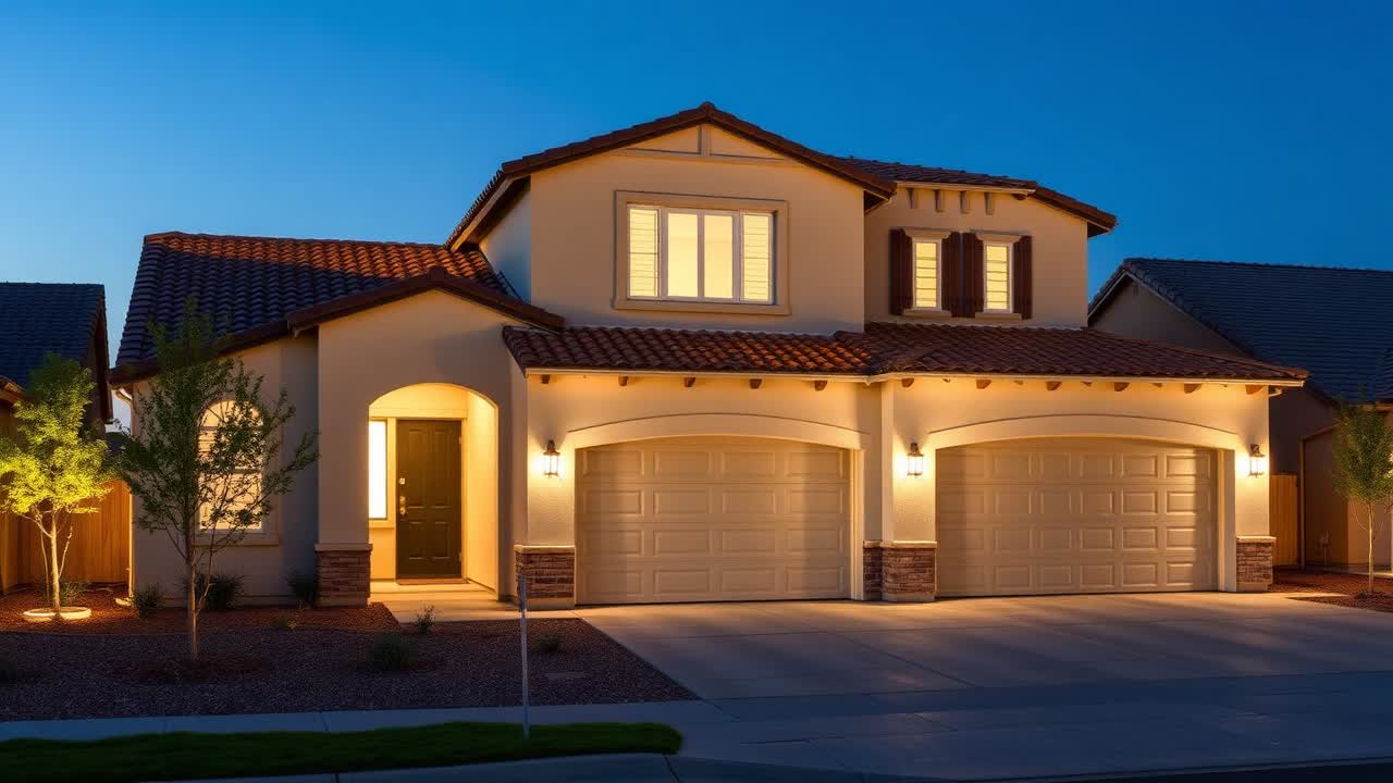 Two-story Bethany village home in Mountain House, CA with permanent Christmas lights along eaves and gable peaks