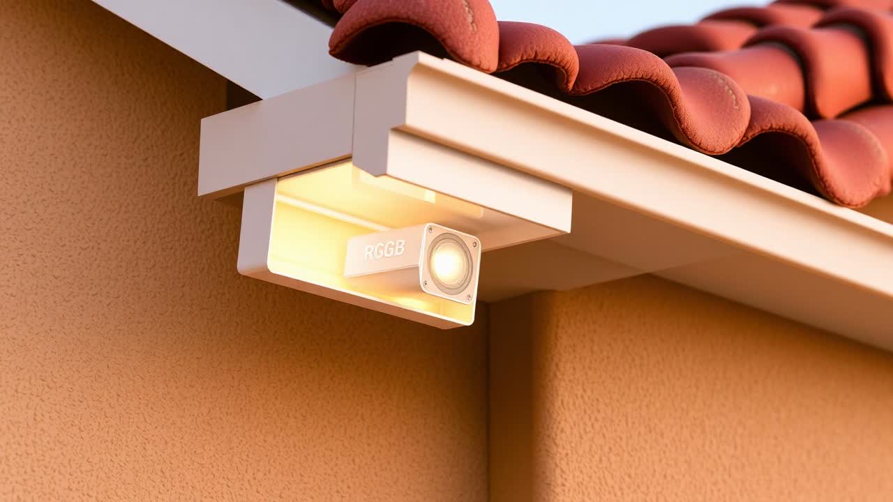 Close-up of powder-coated aluminum lighting channel and sealed RGB LED module on a Mountain House, CA fascia board
