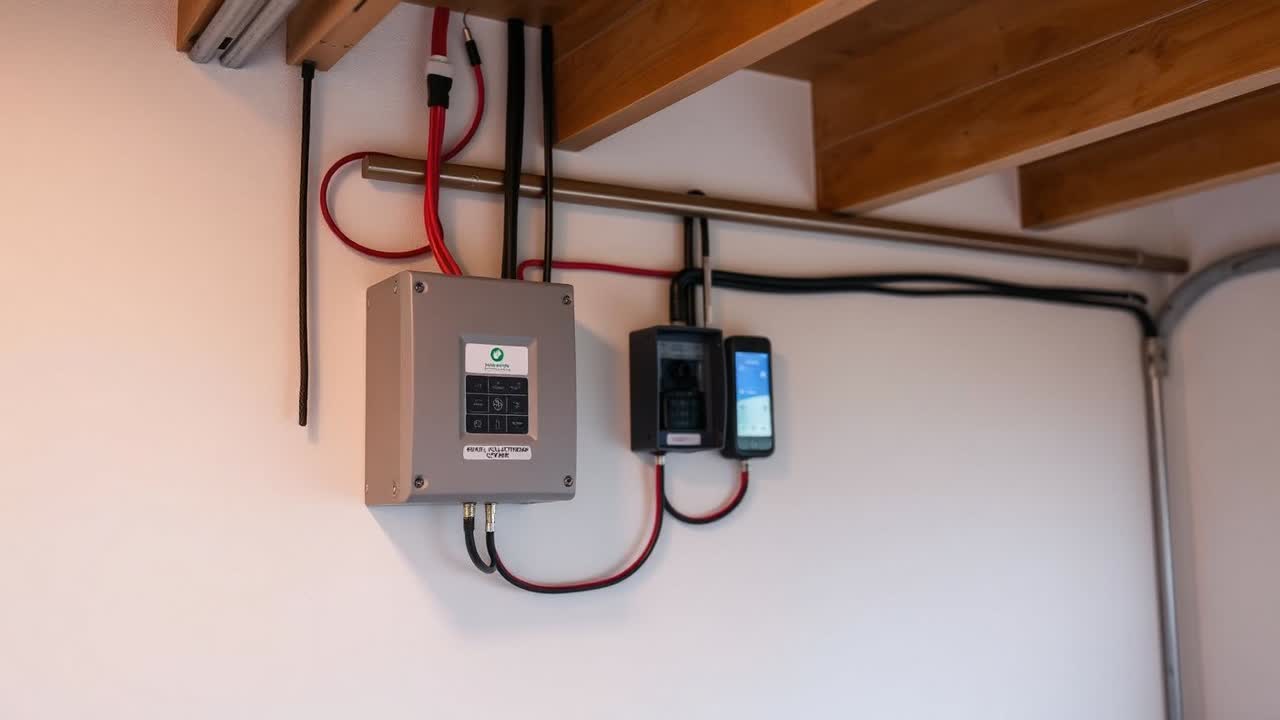 Low-voltage transformer and app controller mounted on a garage wall inside a Mountain House, CA home