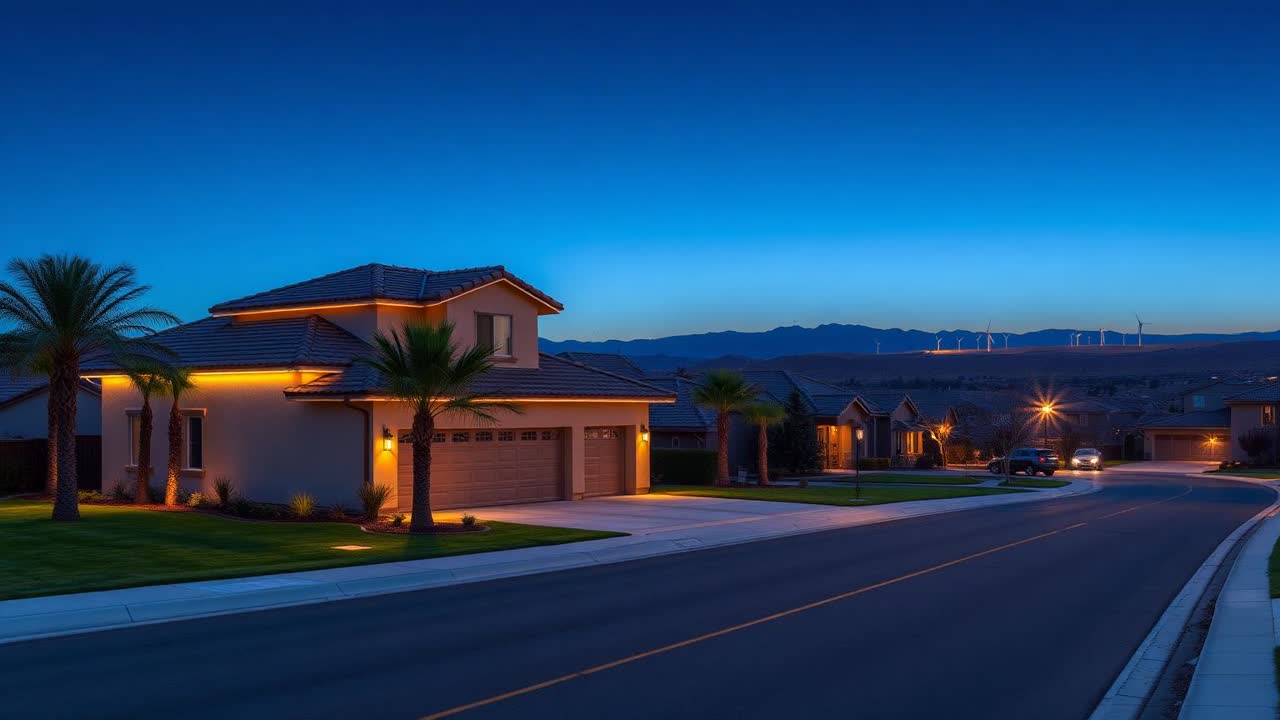 Permanent warm white roofline lighting on a Mountain House, CA home with Altamont Pass wind turbines on the hills at dusk