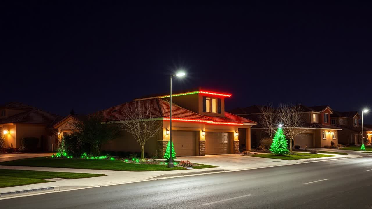 Mountain House, CA street in Questa village at night with permanent roofline lighting in holiday colors on a family home