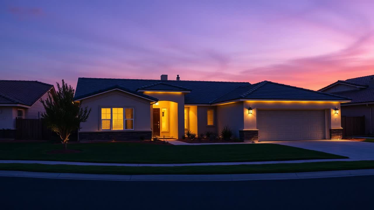 Single-story Wicklund village home in Mountain House, CA lit with permanent holiday lighting along the fascia