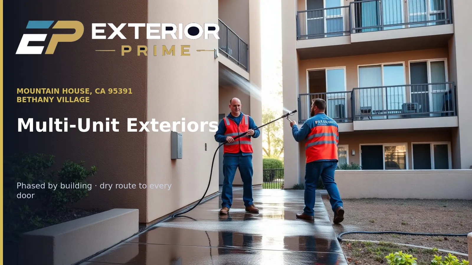 Two Exterior Prime professionals soft washing the stucco breezeway of a three-story apartment building in Mountain House, CA 95391