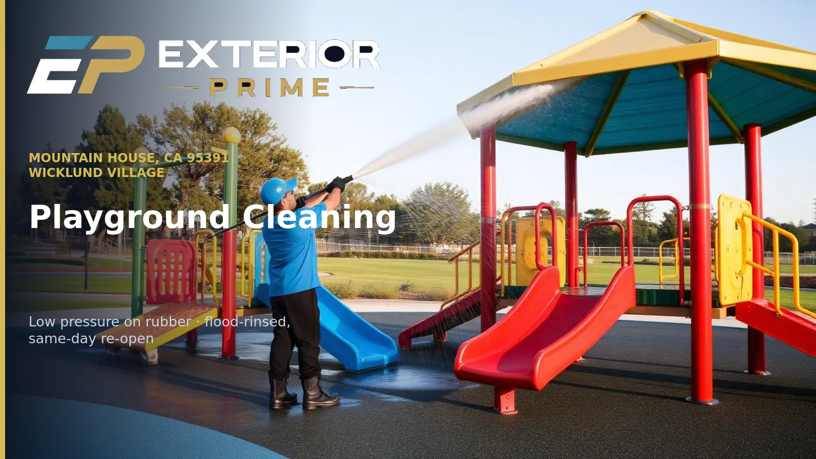Exterior Prime professional low-pressure rinsing a community play structure and rubber safety surfacing at a Wicklund village park in Mountain House, CA