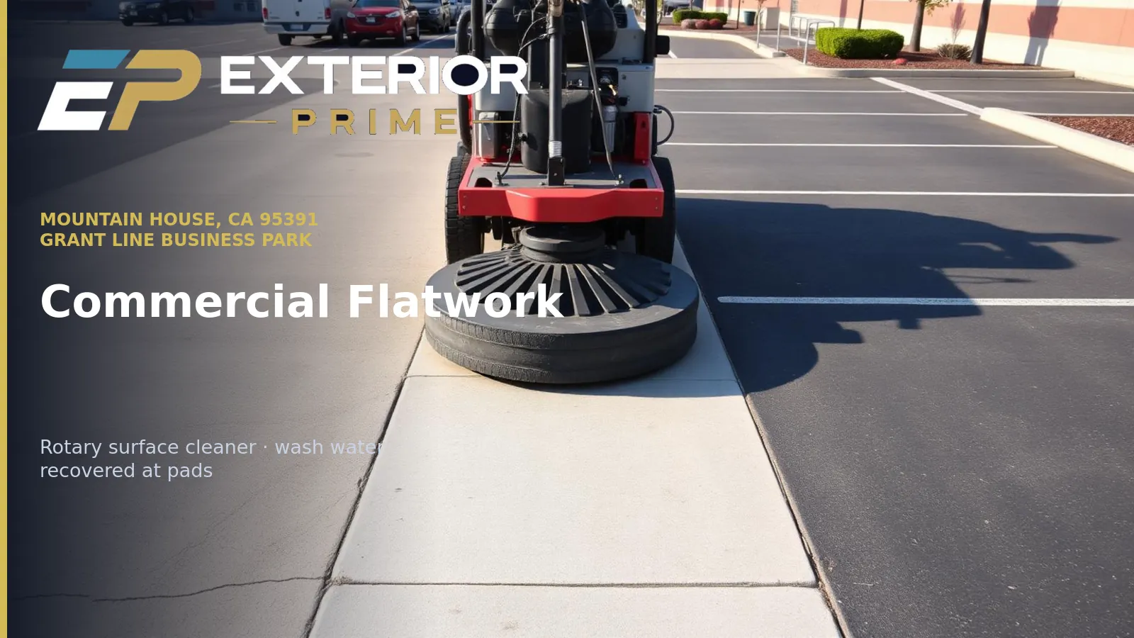 Rotary surface cleaner scrubbing a commercial parking lot sidewalk in Mountain House, CA 95391 with a clear clean line across the concrete