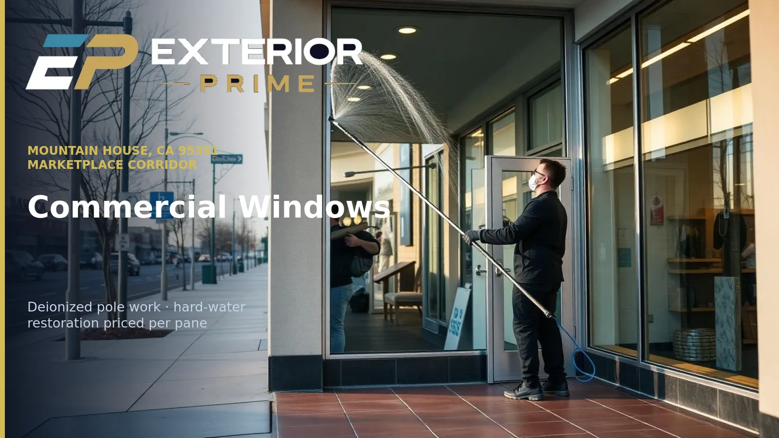 Exterior Prime professional cleaning tall storefront glass with a deionized water-fed pole at a Mountain House, CA 95391 commercial building