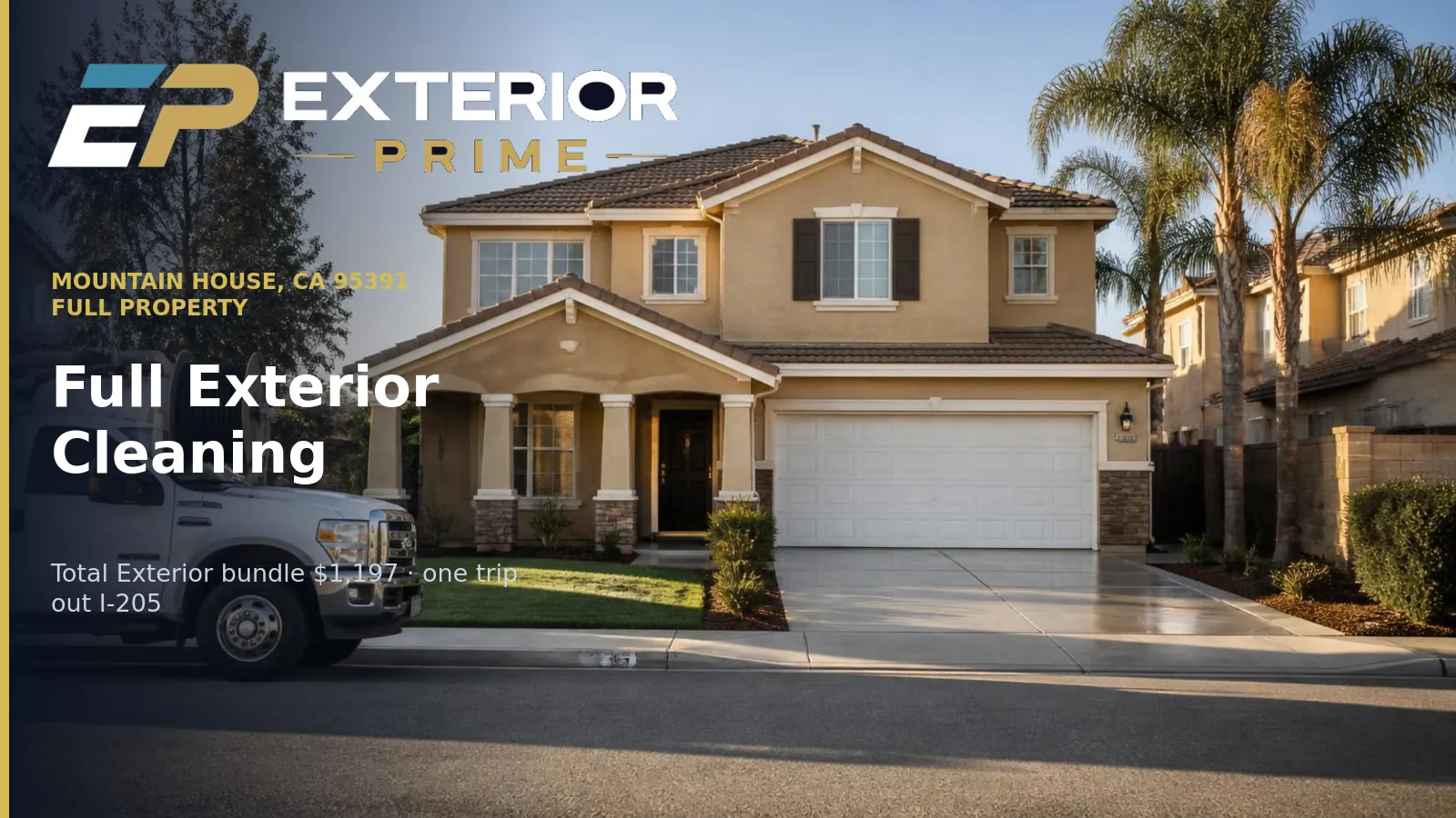Front elevation of a finished Mountain House two-story with clean stucco, bright concrete driveway, clear windows and washed tile roof, with the Exterior Prime work truck at the curb