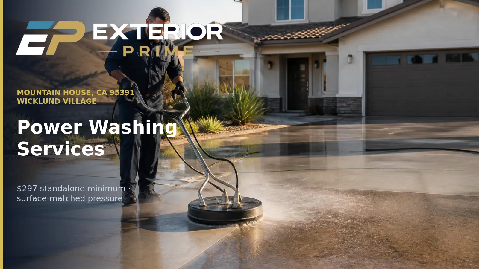 Exterior Prime professional running a rotary surface cleaner across a stamped concrete driveway on a Wicklund village home in Mountain House, CA 95391