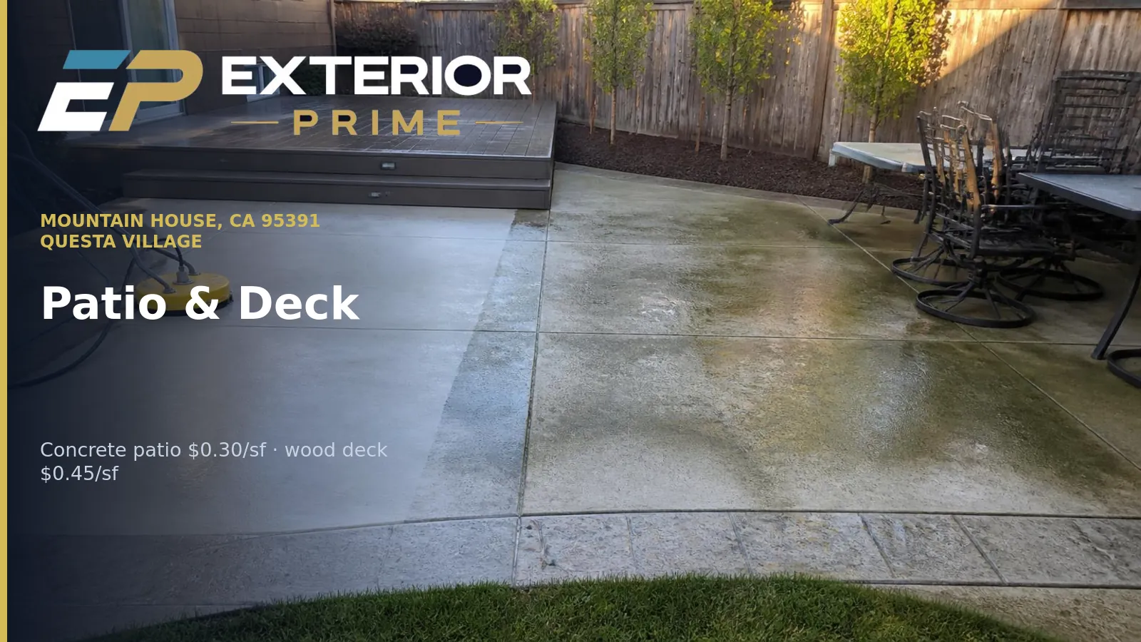 Backyard concrete patio and composite deck in a Questa village Mountain House home half cleaned, showing green shaded algae on the untreated half beside the finished section