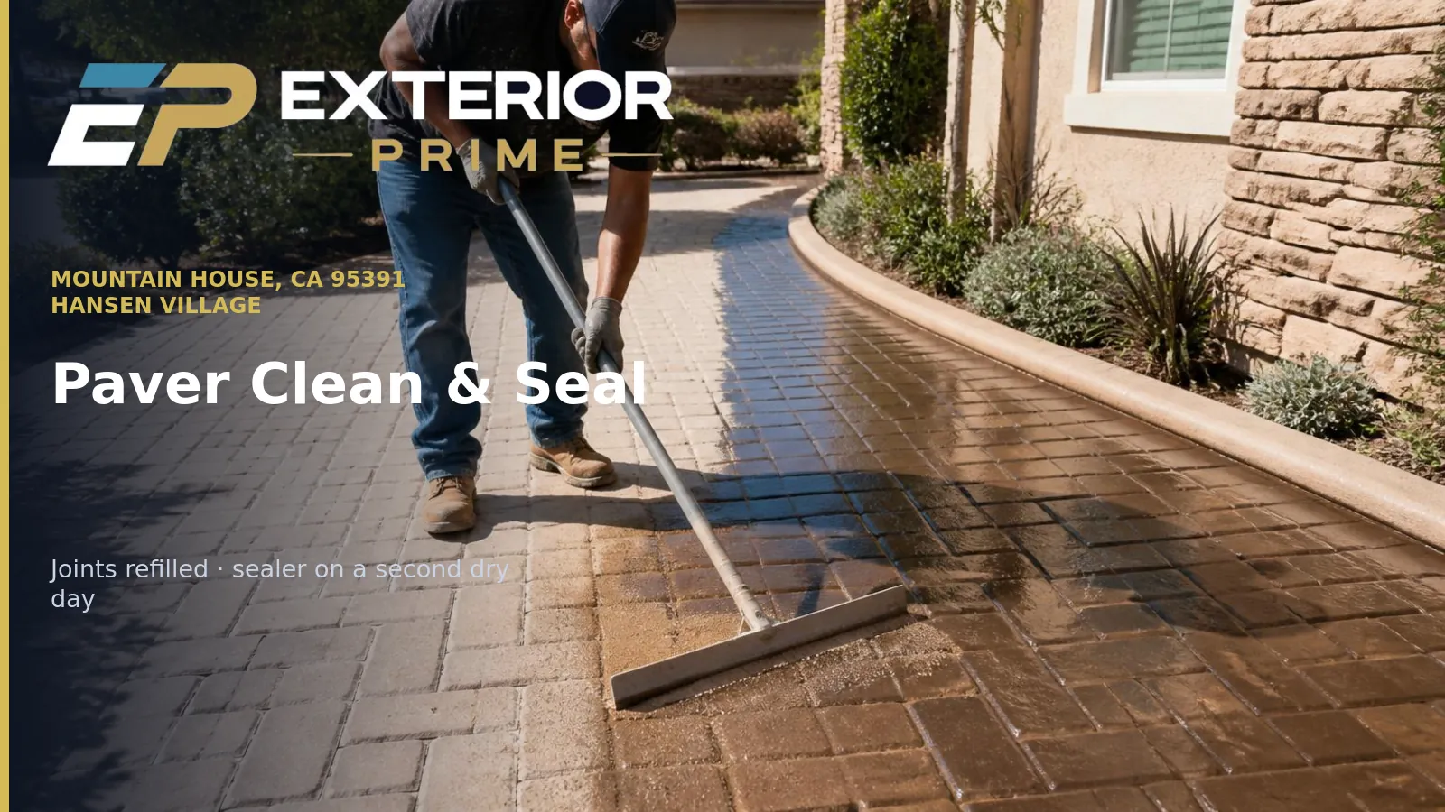 Exterior Prime professional spreading sealer across a clean interlocking paver walkway in Hansen village, Mountain House CA, wet-look sealed pavers beside dull unsealed pavers