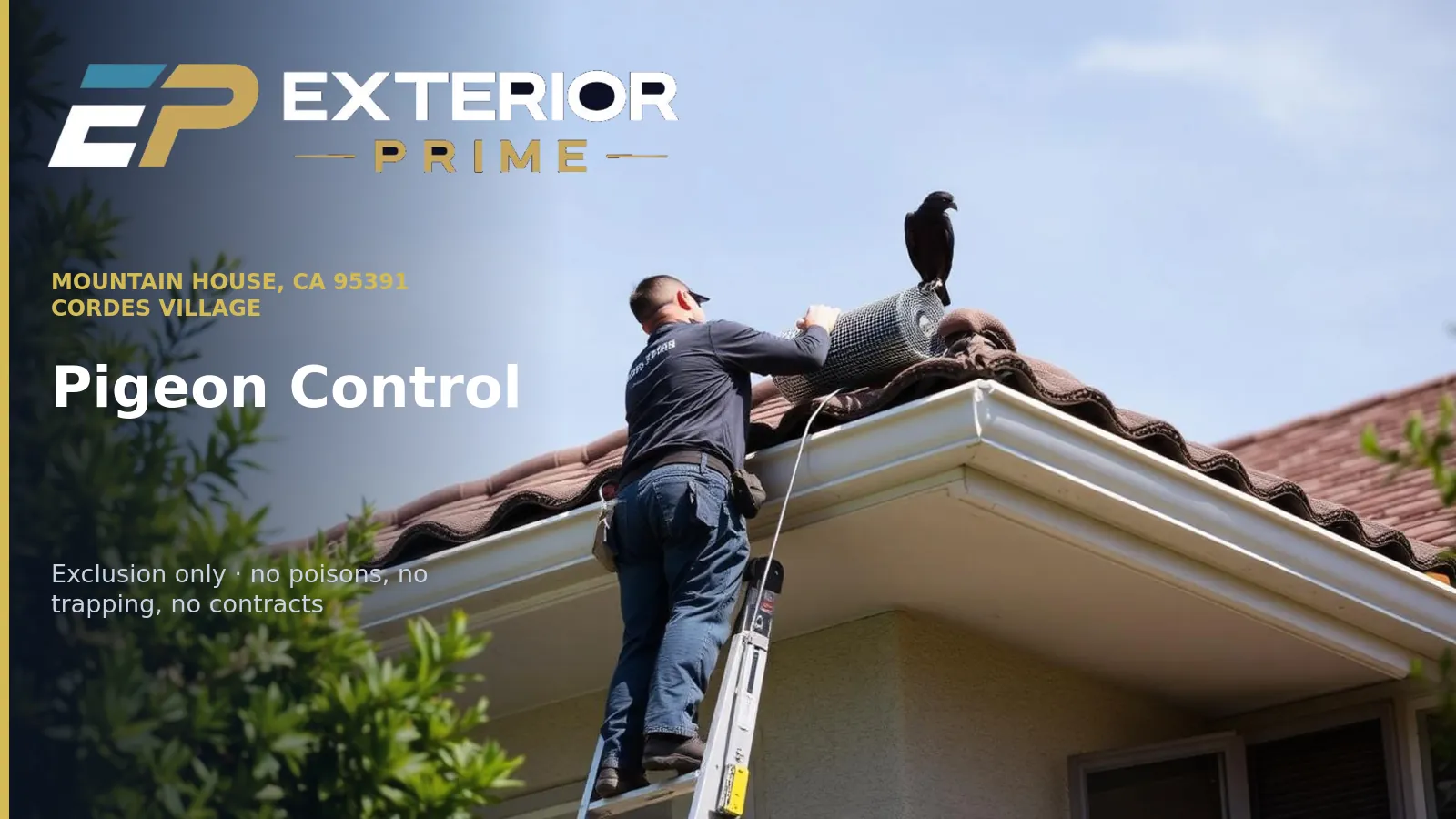 Exterior Prime professional on a ladder fitting exclusion mesh along the tile eave of a Cordes village home in Mountain House, CA 95391