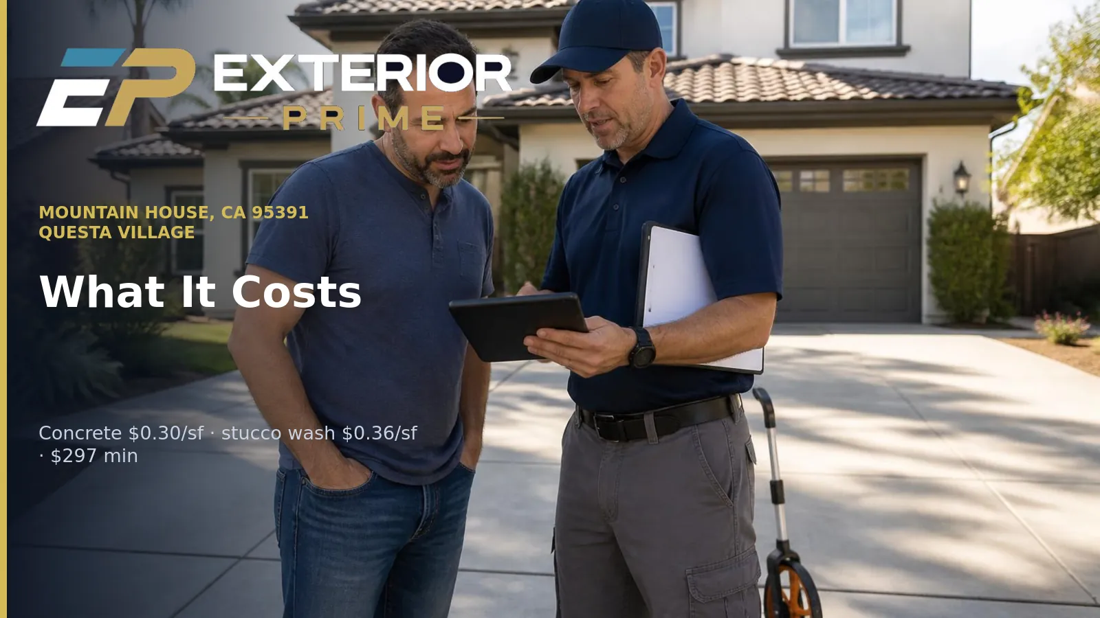 Exterior Prime estimator showing a written exterior cleaning price breakdown on a tablet to a homeowner on a Questa village driveway in Mountain House, California