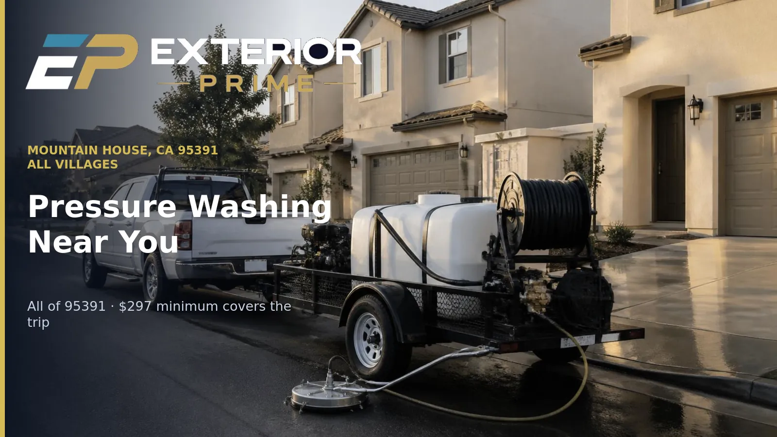 Exterior Prime work truck and pressure washing trailer parked at the curb of a Mountain House, CA 95391 street of new stucco homes at first light