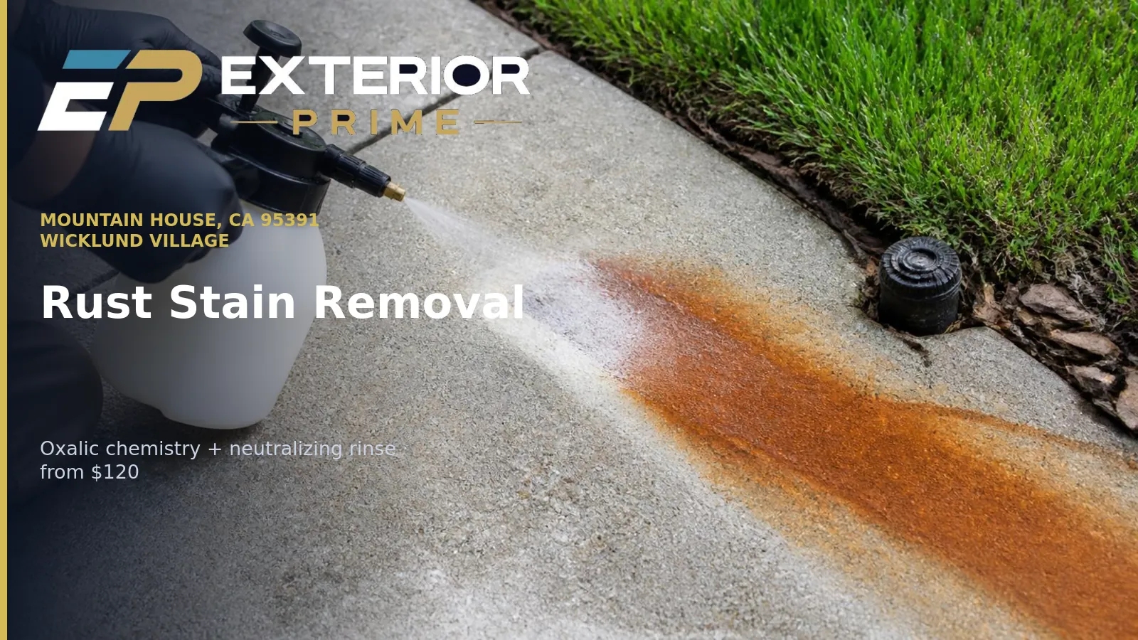Gloved hands spraying rust remover onto an orange sprinkler rust fan on a concrete walkway beside a lawn head in Mountain House, CA 95391