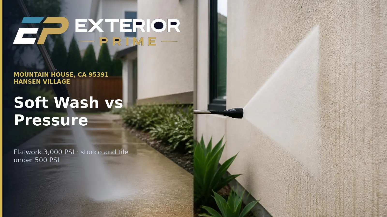 Side-by-side comparison of a high-pressure jet cleaning a concrete walkway and a low-pressure soft wash fan rinsing stucco siding on a Hansen village home in Mountain House