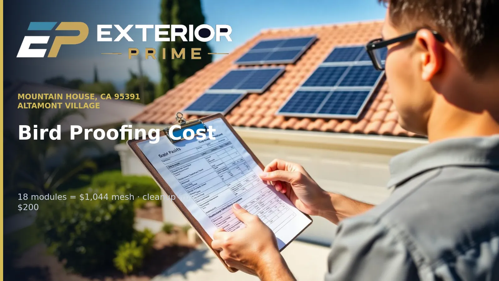 Estimator counting rooftop solar modules from an Altamont village driveway in Mountain House while writing a per-panel bird proofing quote on a clipboard