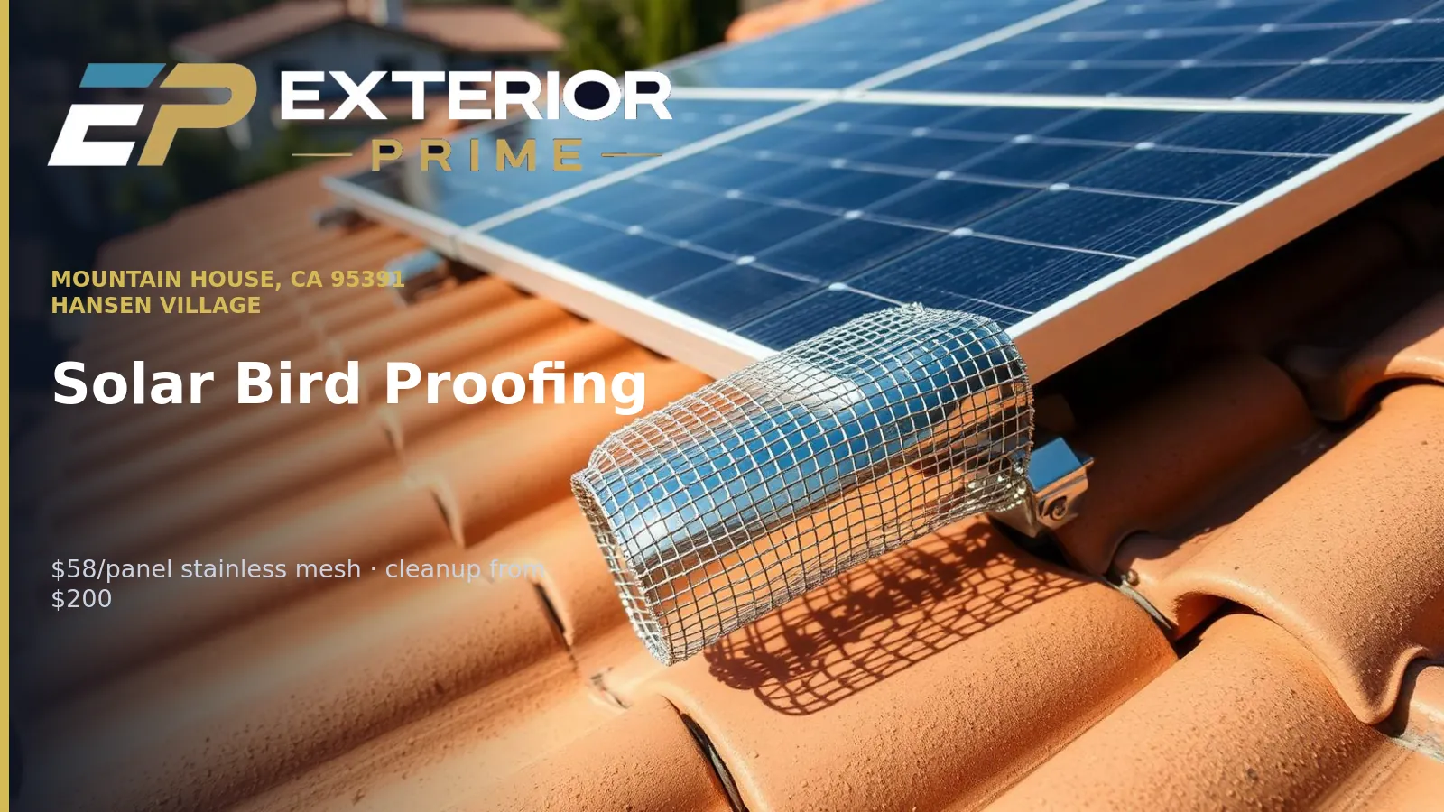 Stainless steel exclusion mesh clipped along the lower edge of a rooftop solar module on a concrete tile roof in Mountain House, CA 95391, closing the gap under the array