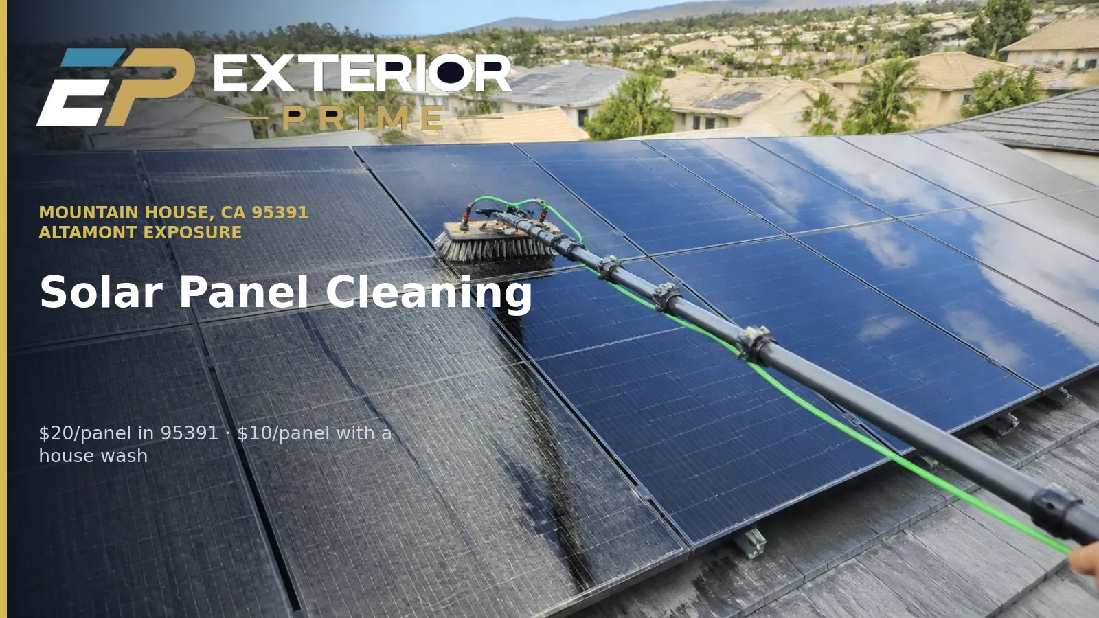 Deionized-water brush rinsing a rooftop solar array on a Mountain House home, with dusty panels on one side and clean reflective glass on the cleaned side