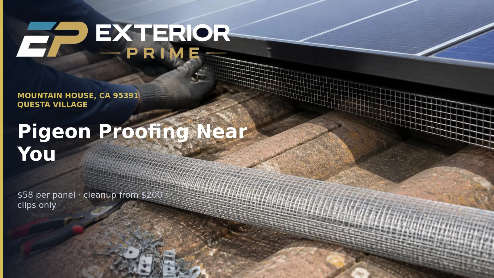 Stainless bird exclusion mesh and clips laid on concrete roof tile beneath a Mountain House solar array