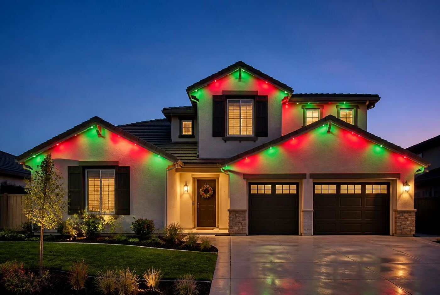 Permanent roofline lights set to red and green Christmas colors on a Central Valley stucco home