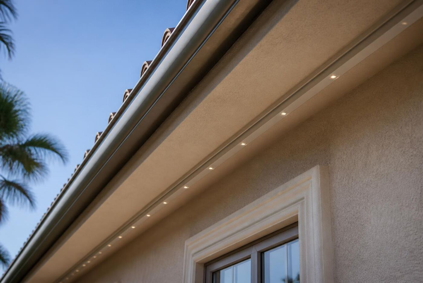 Close-up of a slim permanent LED lighting track mounted beneath the fascia of a stucco home with evenly spaced lights