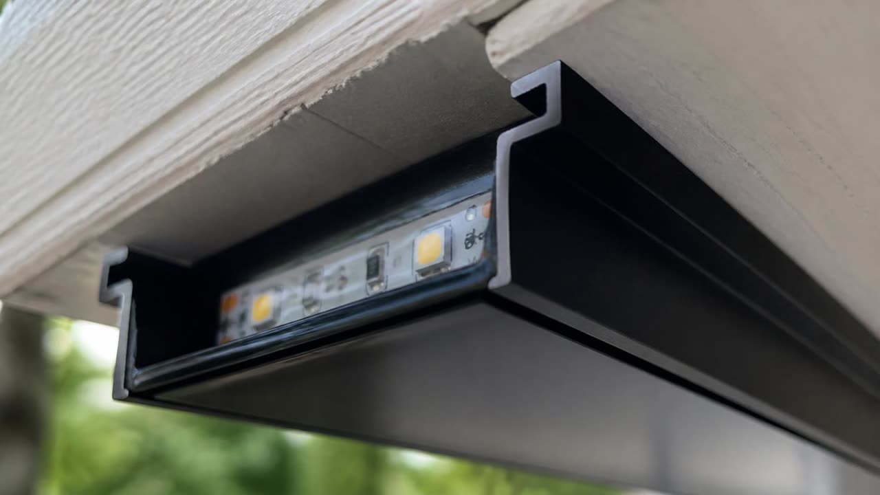 Close-up of aluminum permanent lighting channel and sealed RGB LED module on a Ripon home fascia