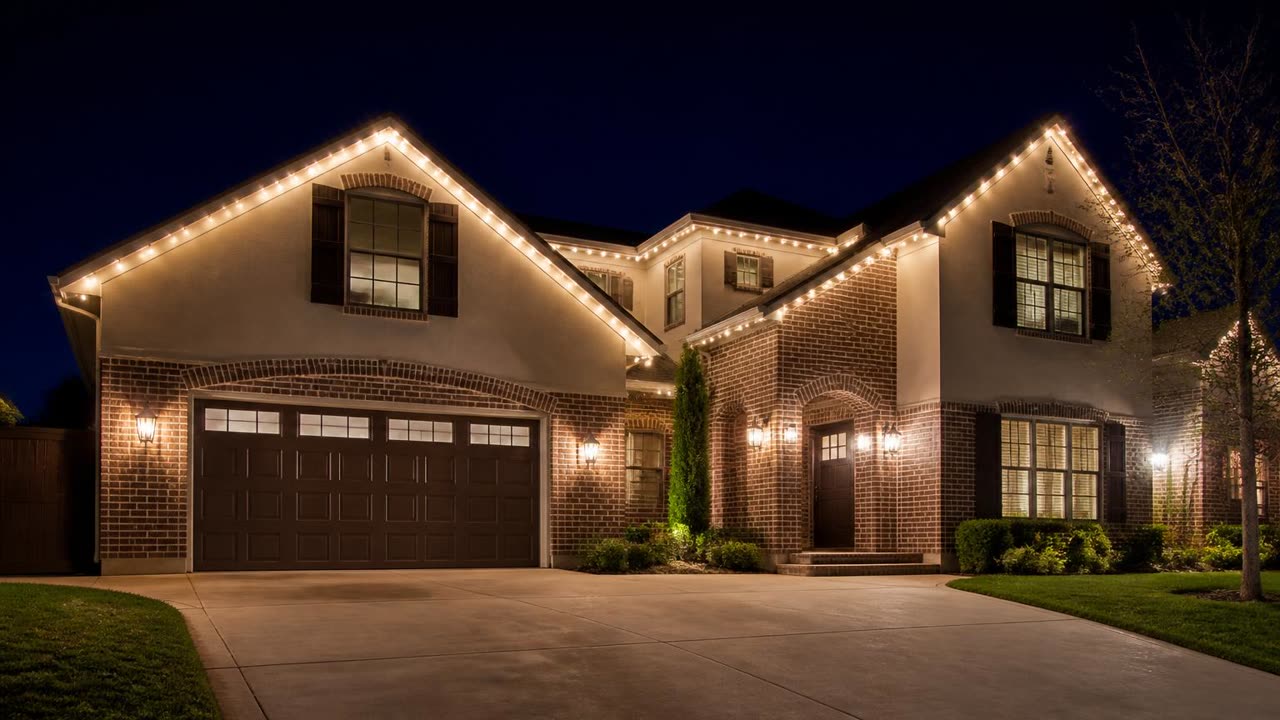 Two-story Colony Oak home in Ripon, CA with permanent Christmas lights along the eaves and gable peaks