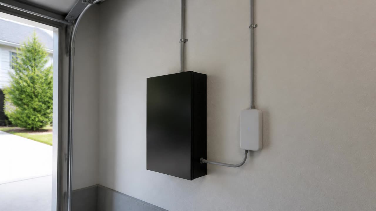 Low-voltage transformer and lighting controller mounted inside a Ripon, CA garage bay
