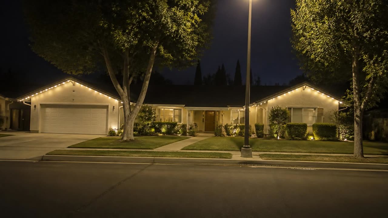 Ripon, CA neighborhood street near Main Street at night with permanent holiday lighting on a single-story home