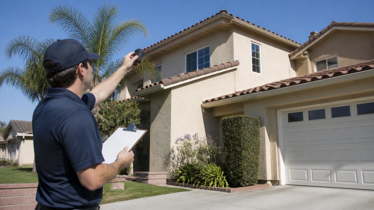 Exterior Prime professional laser measuring the front roofline of a Ripon, CA home for a lighting quote