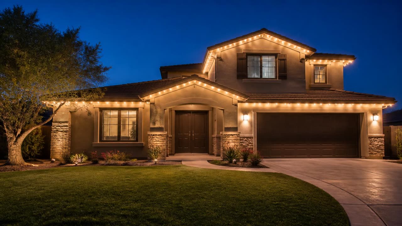 Permanent warm white roofline lighting on a Spring Creek home in Ripon, CA at dusk