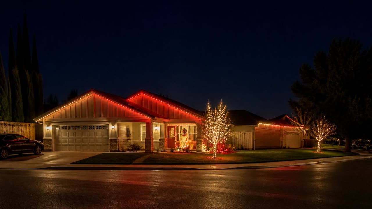 Salida, CA street in Broadway Colony at night with permanent roofline lighting on a family home