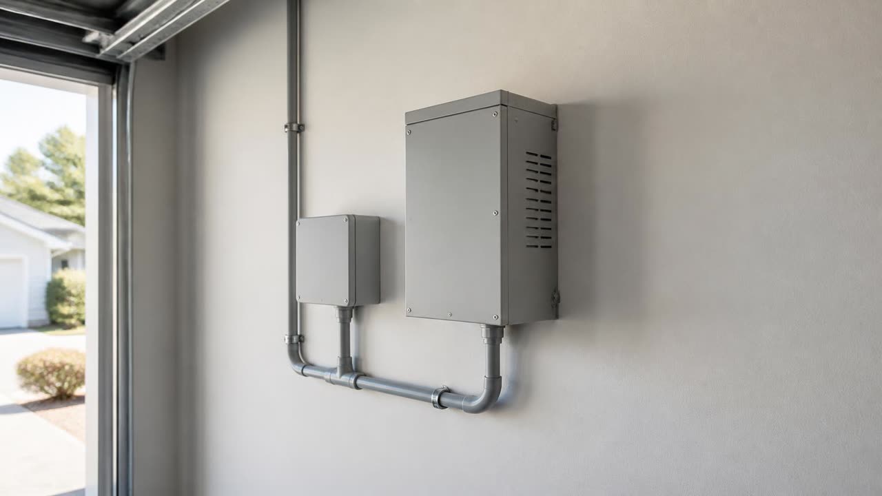 Low-voltage transformer and app controller mounted on a garage wall inside a Salida, CA home