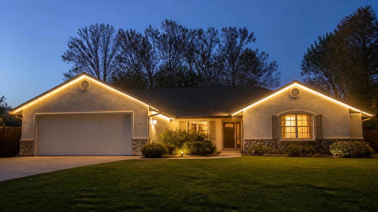 Permanent warm white roofline lighting on a Salida, CA home off Kiernan Avenue at dusk