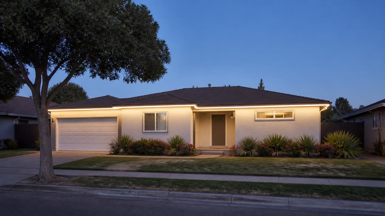 Single-story Pirrone Estates home in Salida, CA lit with permanent holiday lighting along the fascia