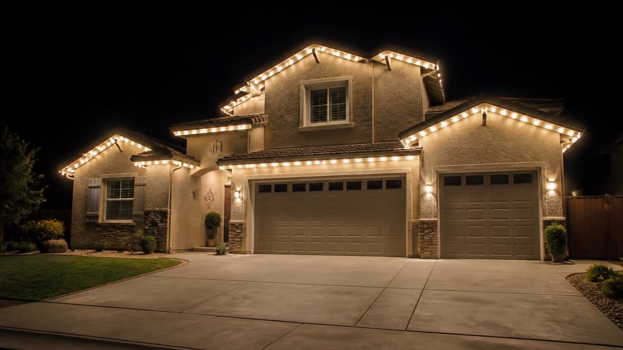 Two-story Prescott area home in Salida, CA with permanent Christmas lights along eaves and gable peaks