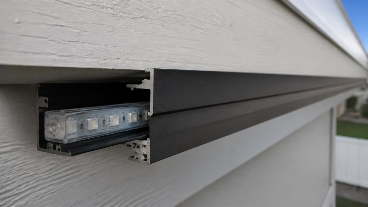 Close-up of powder-coated aluminum lighting channel and sealed RGB LED module on a Salida, CA fascia board