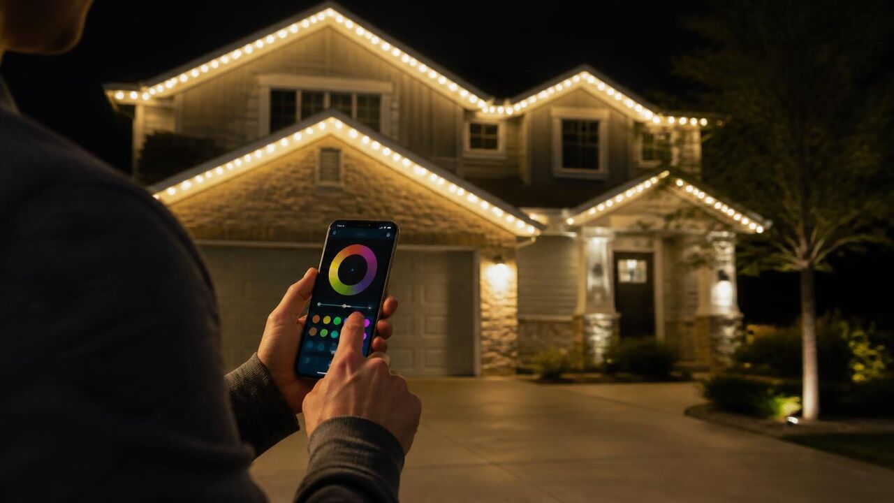 Tracy homeowner setting permanent holiday light colors from a phone app on the driveway at night