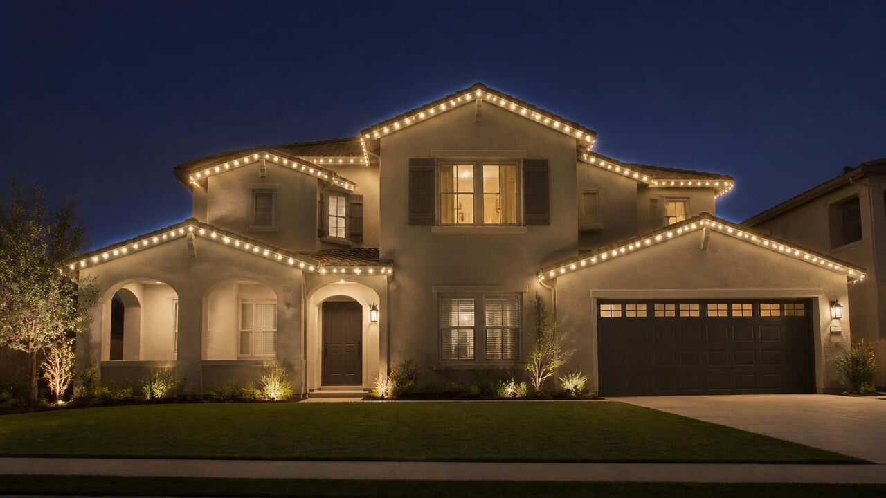 Two-story Edgewood home in Tracy with permanent Christmas lights outlining the eaves and gable peaks