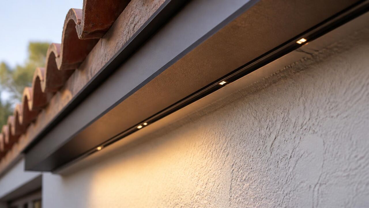 Close-up of slim aluminum permanent lighting channel mounted to the fascia of a Tracy home