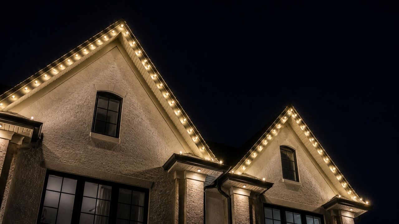 Steep gable peaks on a Tracy home outlined in warm white permanent LED points against a night sky