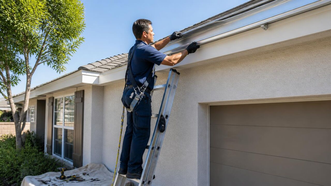 Exterior Prime professional installing permanent lighting channel on a Tracy home on a clear morning
