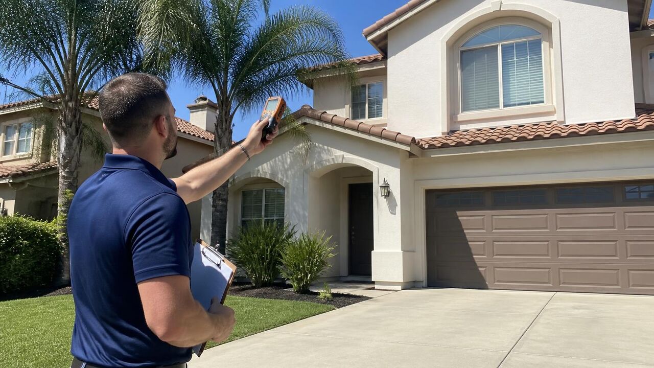 Exterior Prime professional laser measuring the front roofline of a Tracy home for a lighting estimate