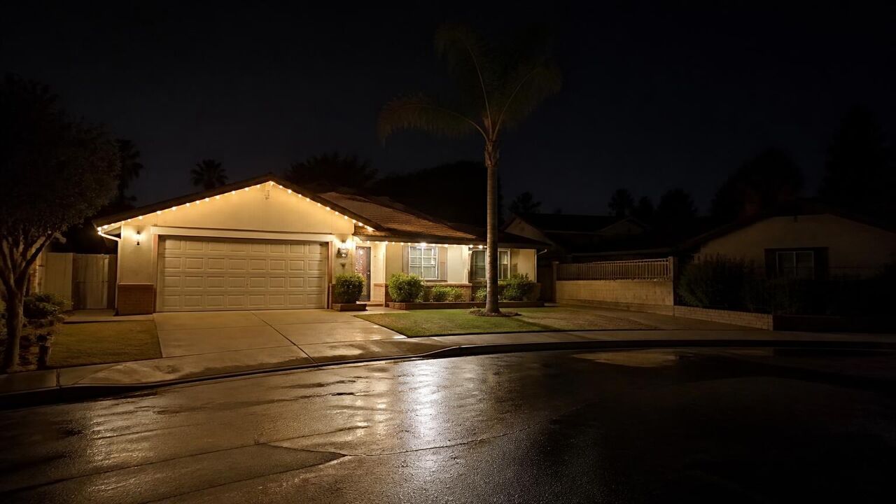 Redbridge street in Tracy at night with permanent roofline lighting on a single-story home
