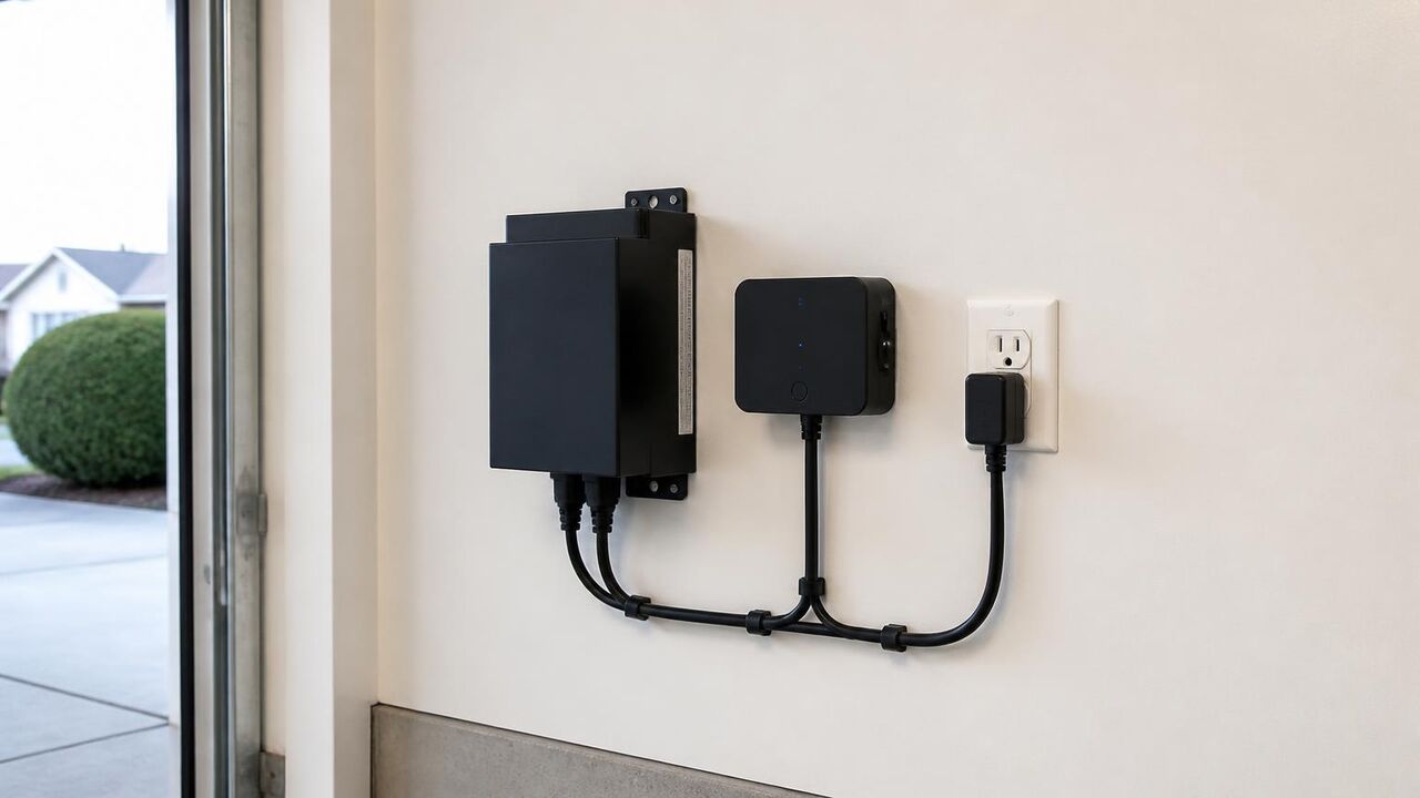 Low-voltage transformer and lighting controller mounted in a Tracy garage bay